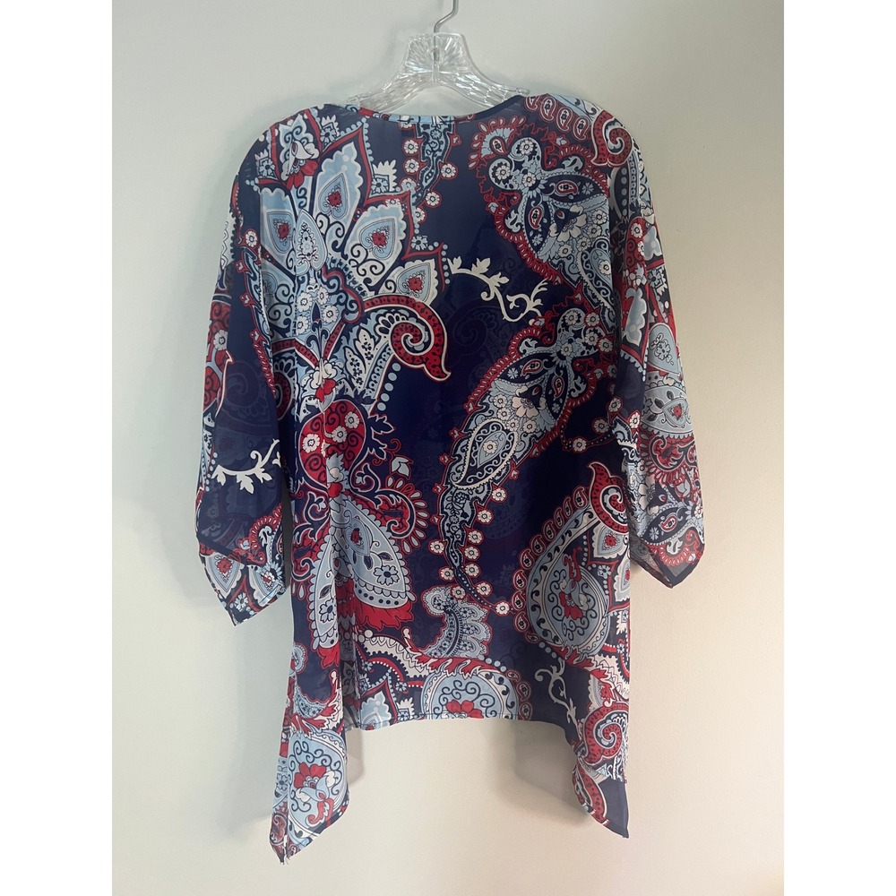 Melissa Paige Navy Red Paisley Sheer V-Neck Handkerchief‎ Hem Tunic Top Medium